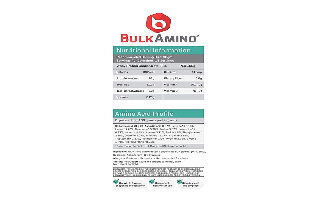 Bulkamino Whey Protein Concentrate 80% Delicious Chocolate   Pack  500 grams